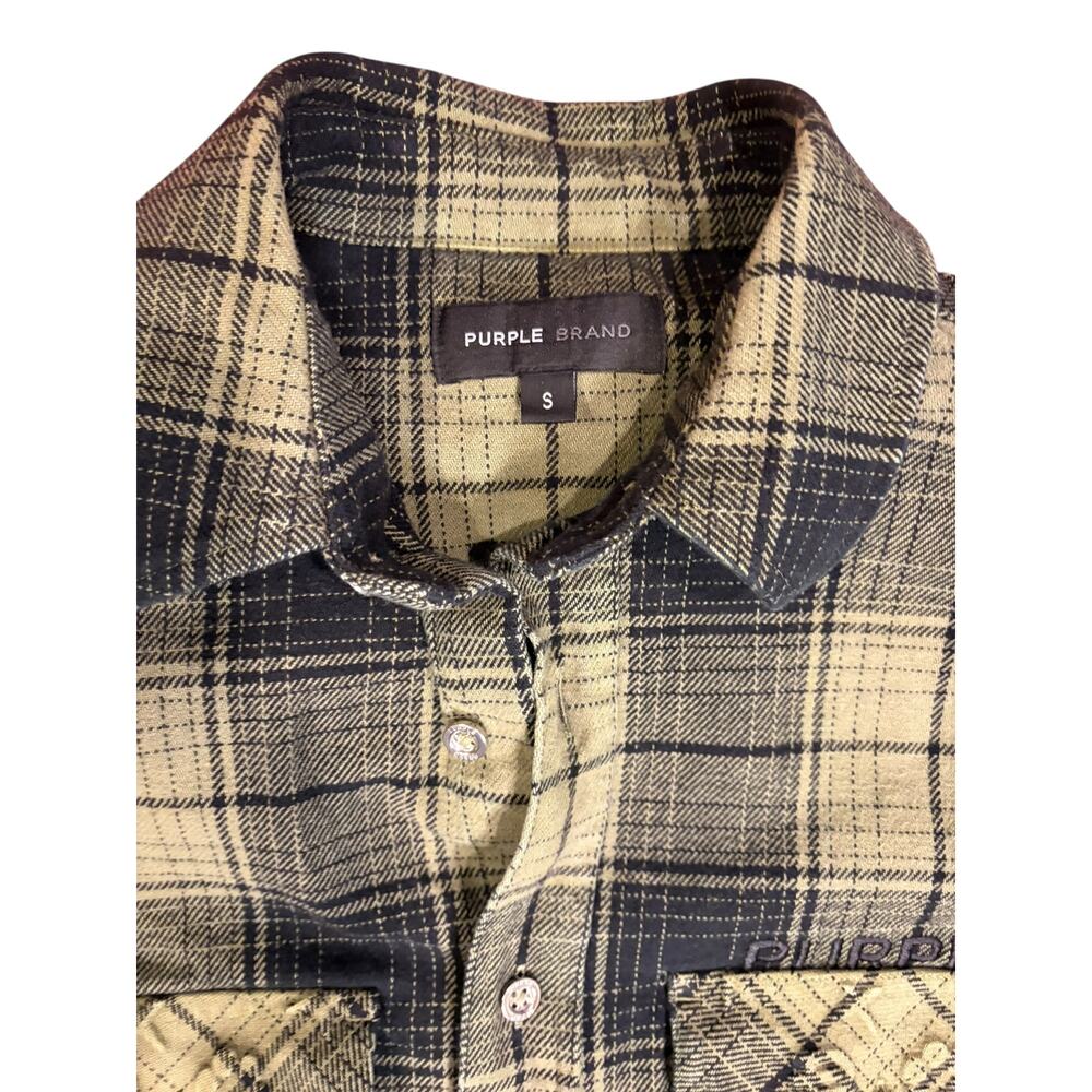 PURPLE BRAND Men's Plaid Flannel Shirt Size SMALL Green Black Heavyweight - Picture 3 of 11